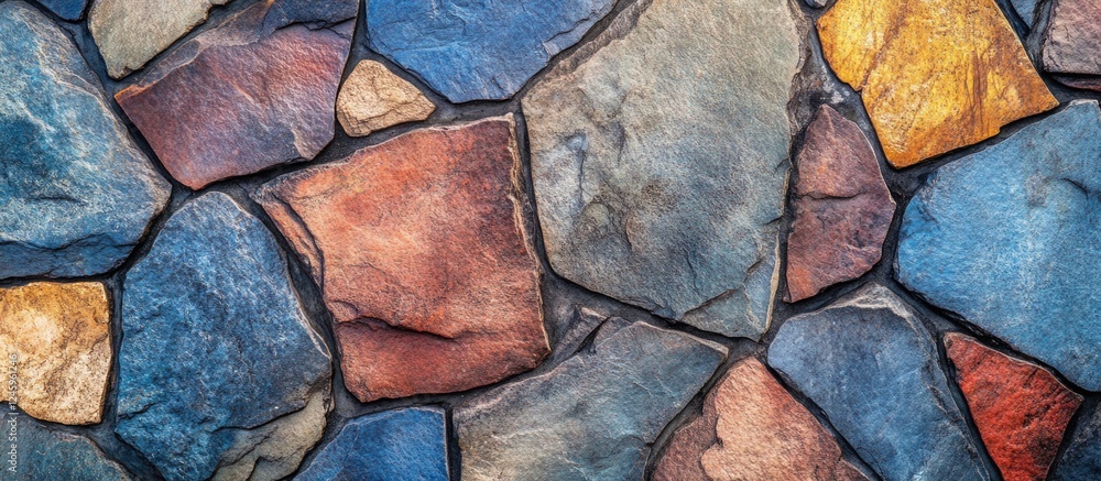 Fototapete Abstract close-up of irregularly shaped multi-colored stone pavers creating a visually striking textured surface ideal for background use.