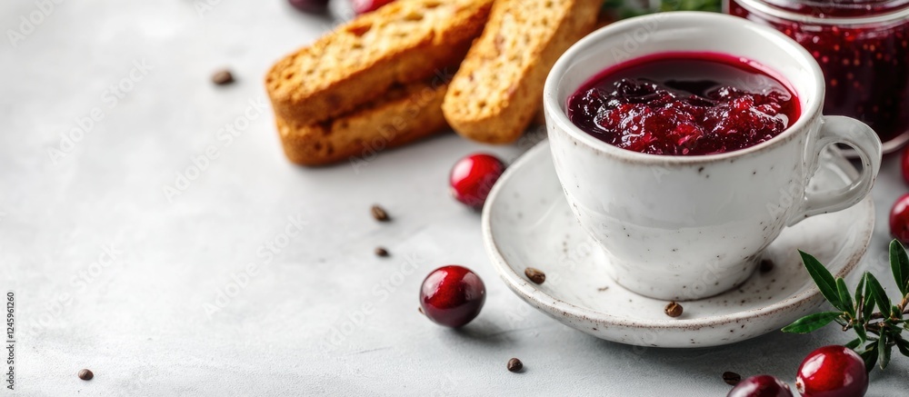Aufkleber espresso coffee with cranberry cantucci cookies and jam on white textured background showcasing a co