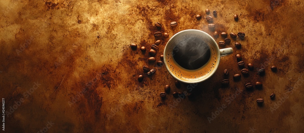 Poster coffee cup surrounded by coffee beans on a rustic paper background with steam rising, creating a coz