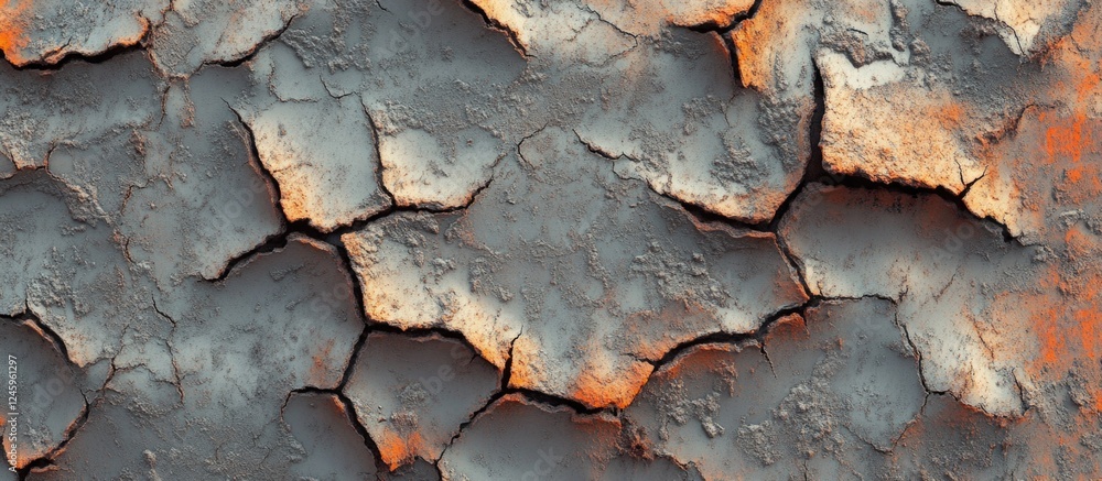 Poster Weathered concrete surface with cracks and rust showing age and texture for design and architectural backgrounds