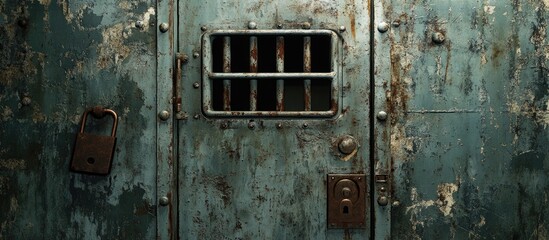 Naklejka premium Rustic and weathered old prison door with barred window and heavy locks showcasing historical architectural details