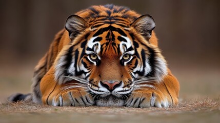 Fototapeta premium A majestic tiger prowling through a dense jungle with piercing eyesphotorealistic portrait, 