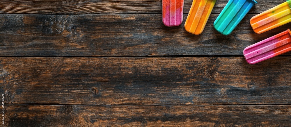 Aufkleber Vibrant Colorful Popsicles on Rustic Wooden Table with Empty Space for Custom Text or Branding