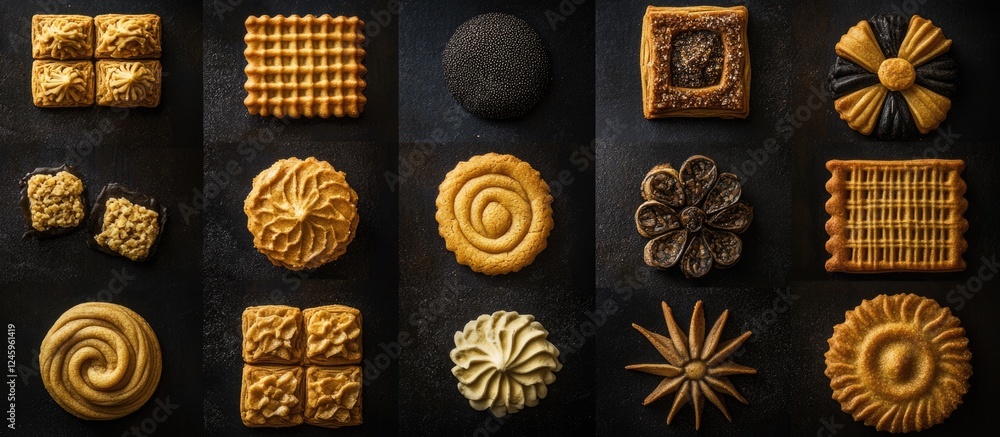 Aufkleber Artistic collage of various intricately designed golden sand cookies on a textured dark background showcasing their unique shapes and patterns.