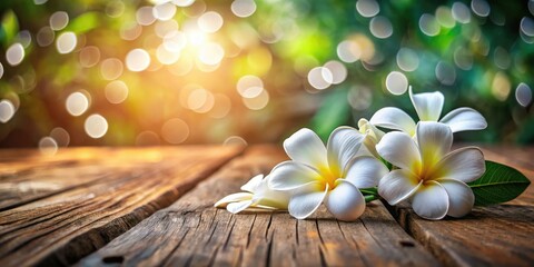 Rustic wooden table, frangipani blossoms create a serene floral still life; ample copy space.