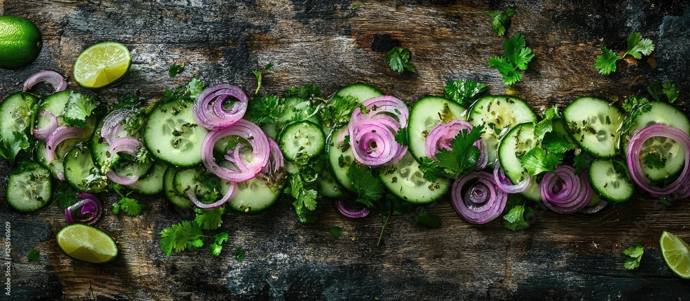 Poster Refreshing cucumber salad topped with pickled red onions and fresh coriander on a rustic wooden background.