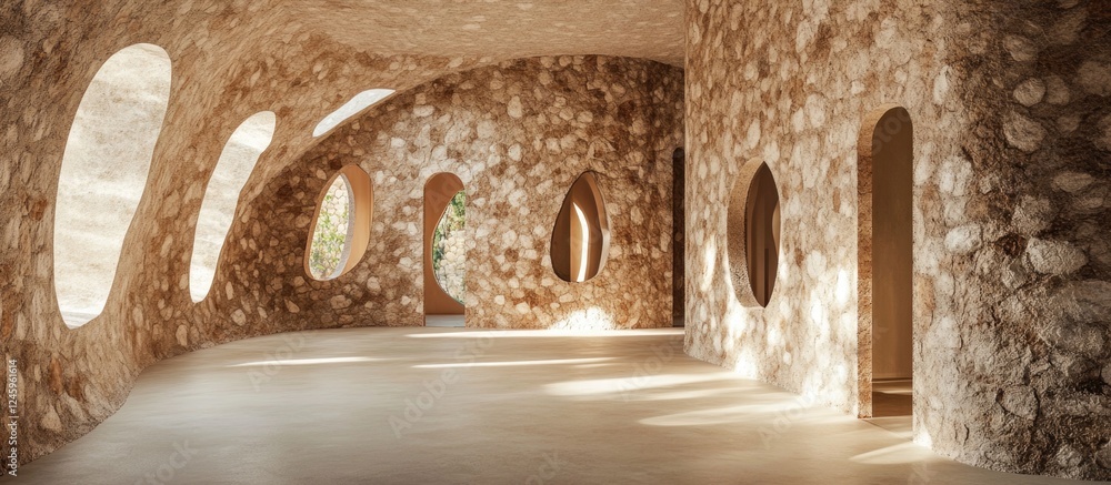 Poster curved stone wall interior featuring doorways and windows creating a unique patterned architectural 