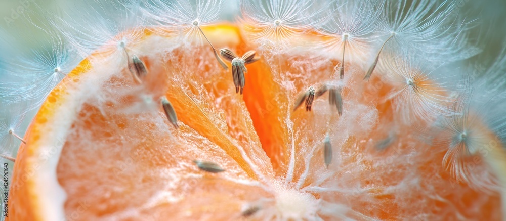Leinwandbilder Macro shot of an orange cross-section surrounded by dandelion flowers creating a unique texture and background for artistic compositions