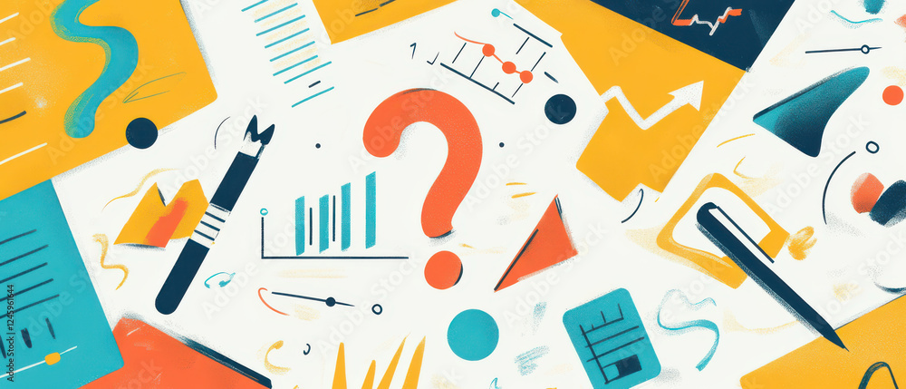 Poster creative financial growth graphics with question marks and charts evoke curiosity and analysis. this