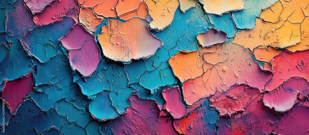 Poster colorful crackle texture of peeling old acrylic paint creating an abstract artistic pattern with vib