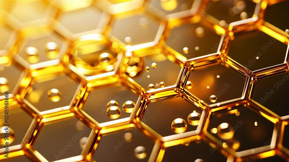 Poster golden honeycomb pattern with floating bubbles in abstract design