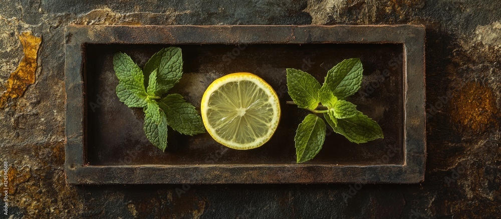 Aufkleber mint and lemon composition in leather frame on rustic burnt wood background for culinary or beverage