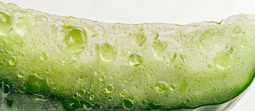 Poster fresh cucumber slice with water droplets highlighting its crisp texture and vibrant green color. per