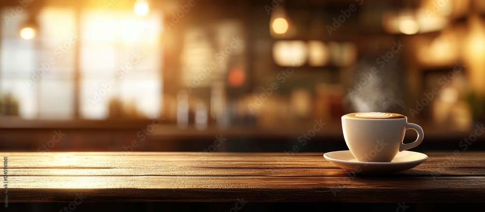 Aufkleber warm cup of coffee on wooden table with soft lighting creating a cozy atmosphere in a stylish cafã© 