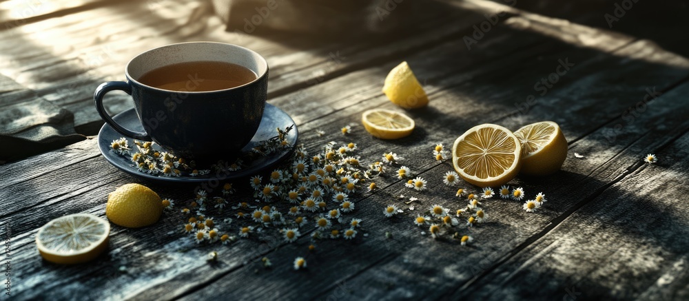 Poster Chamomile tea with dried flowers and lemon slices on a rustic black wooden table creating a serene and warm atmosphere.