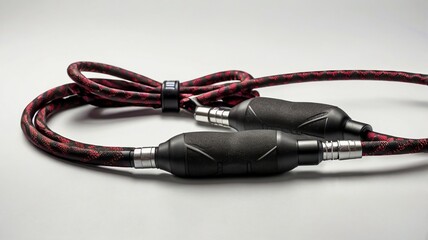 Closeup of Black and Red Textured Braided Cable with Connectors on Grey Background