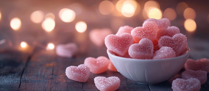 Heart-shaped sugar candies in a bowl on a rustic wooden surface with warm bokeh lights for a romantic or festive atmosphere.