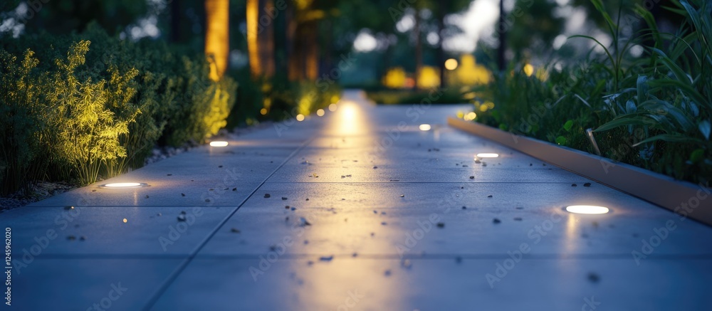 Aufkleber illuminated walkway with modern sidewalk lights surrounded by greenery at twilight highlighting a se