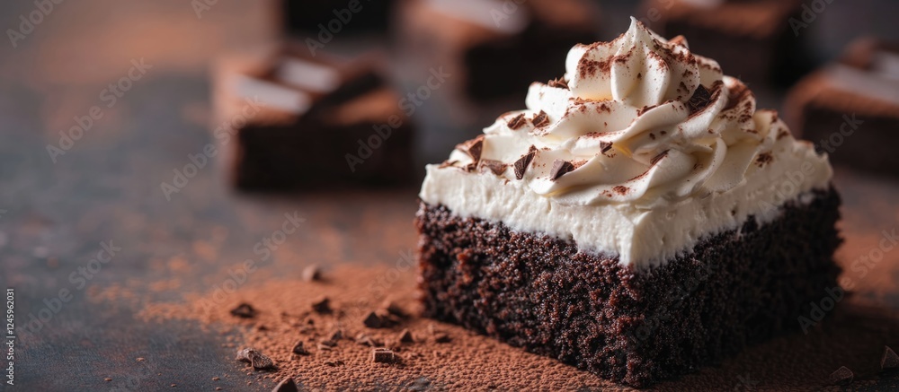 Poster decadent chocolate cake topped with whipped cream dusted with cocoa creating an elegant dessert scen