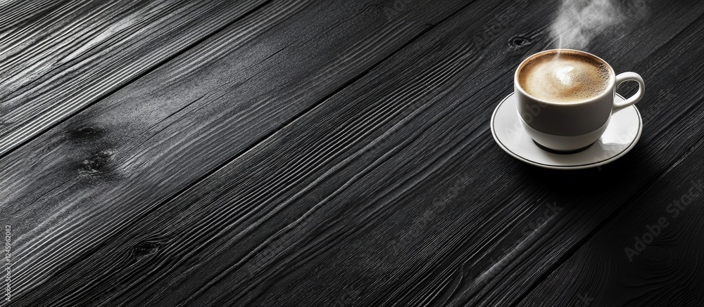 Poster cup of steaming coffee in white porcelain cup on dark wooden floor with space for text and cozy atmo