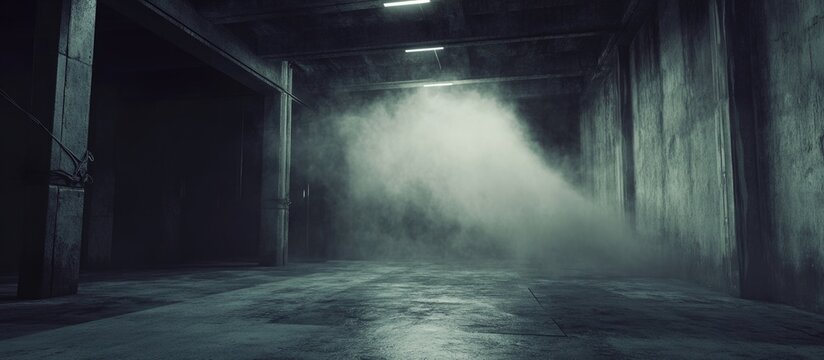 Mysterious concrete floor with fog creating an eerie atmosphere for Halloween themed backgrounds and spooky imagery