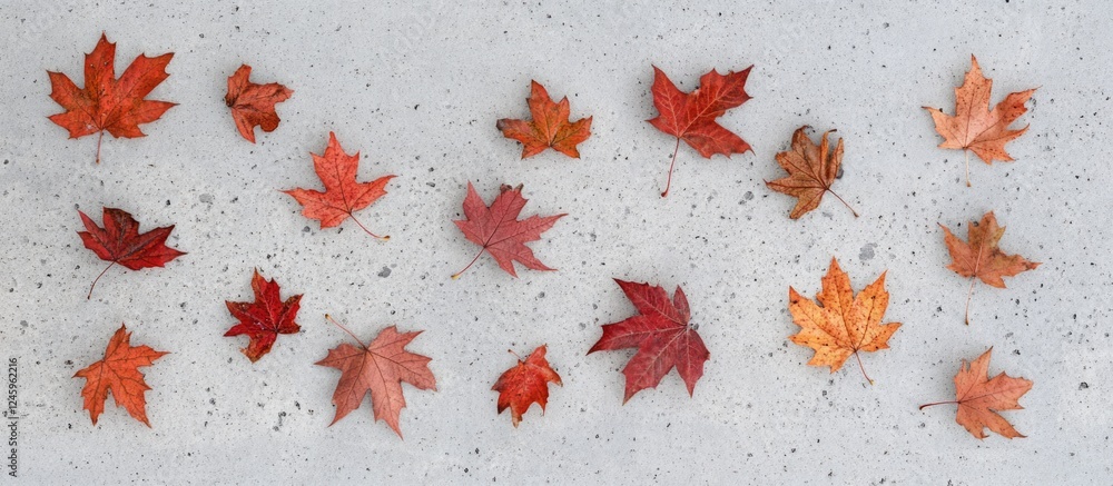 Poster autumn maple leaves scattered on gray concrete floor offering a natural textured background with amp