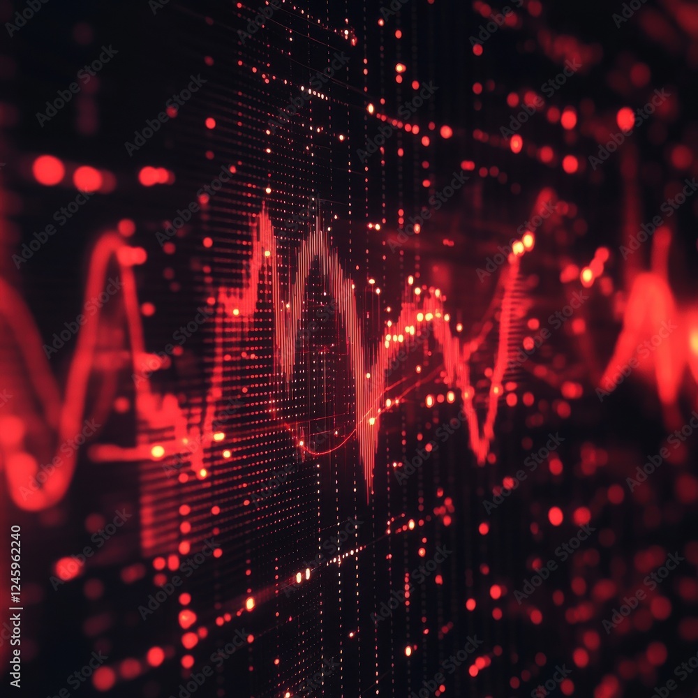 Wall mural red and black digital waveforms pulsing in a dark background with neon light effects and zen papaya 