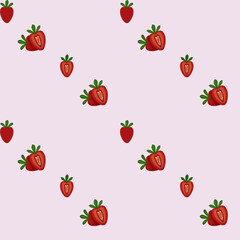 Seamless strawberry pattern of whole and sliced strawberries diagonally placed on cool pink background.