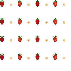 Seamless strawberry pattern with whole strawberries, sliced strawberries and small yellow strawberry flowers on white background.