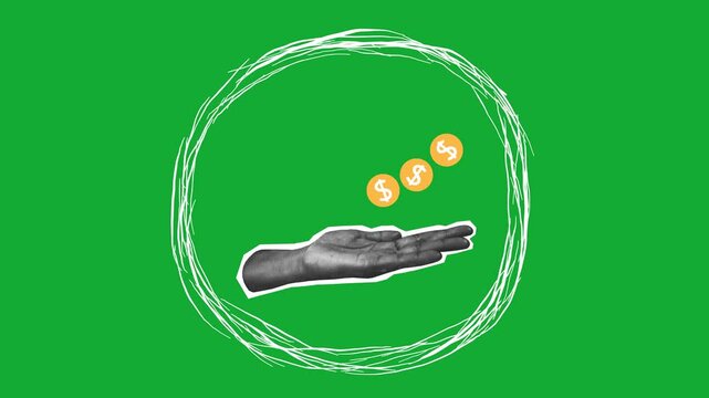 Creative illustration of a hand tossing a coin on a bright green background, showcasing the theme of wealth and opportunity. Lopping animation