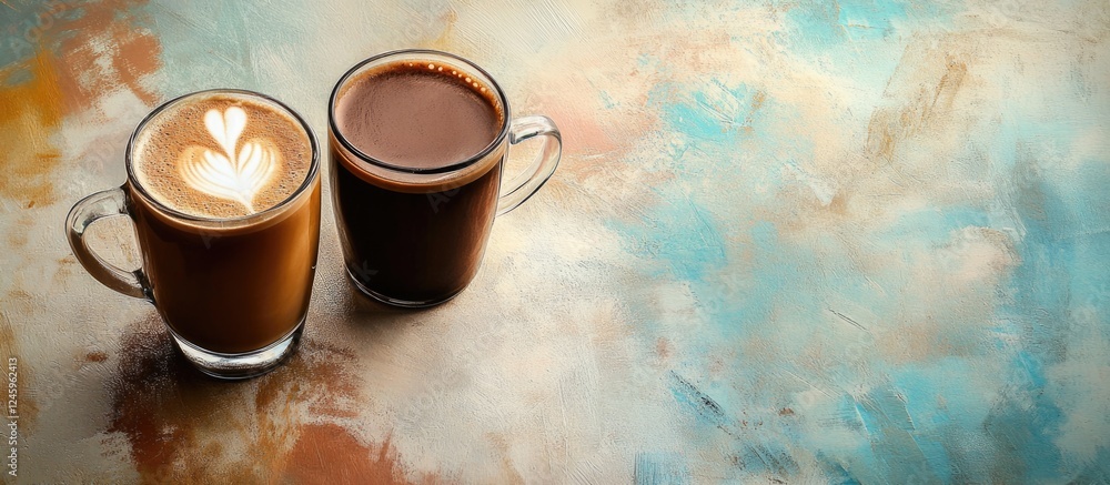 Poster Coffee and chocolate milk in clear mugs on a textured abstract background with warm colors and artistic patterns