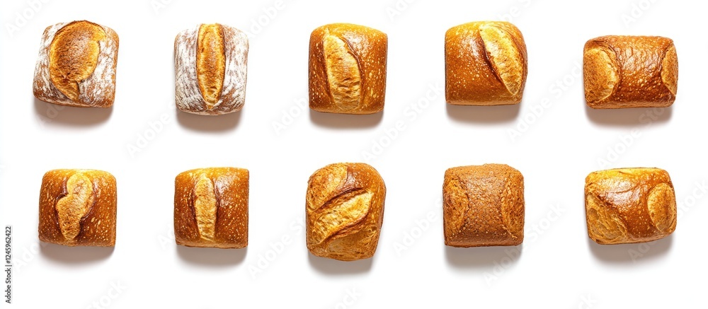 Poster freshly baked crunchy bread loaves arranged on a white background showcasing golden crusts and invit