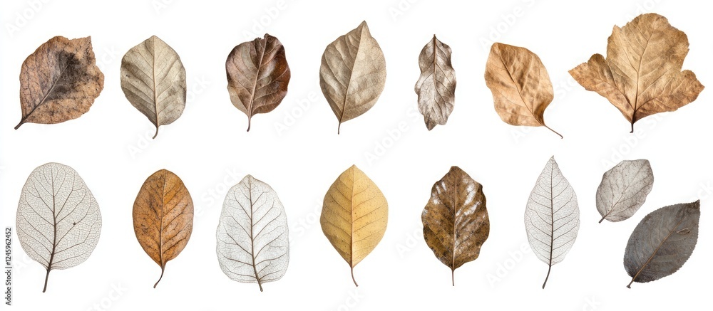 Poster assorted dry leaves arranged on a white background showcasing various textures and colors ideal for 