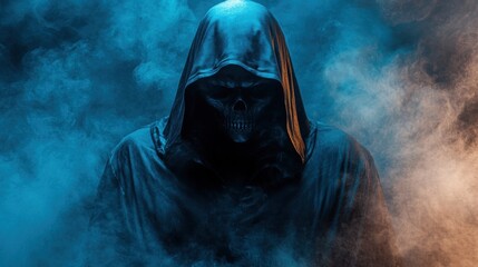 Dark Figure in Hooded Cloak Surrounded by Blue and Orange Smoke Effects