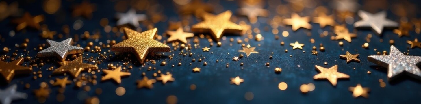 Shimmering gold & silver star confetti, seamless Xmas backdrop, silver, star pattern, winter