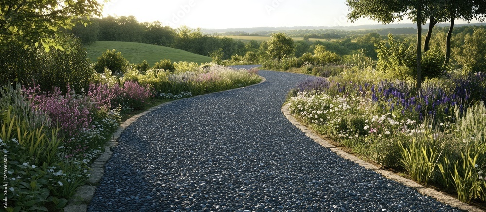 Poster serene winding crushed slate path surrounded by lush greenery and vibrant wildflowers in a tranquil 