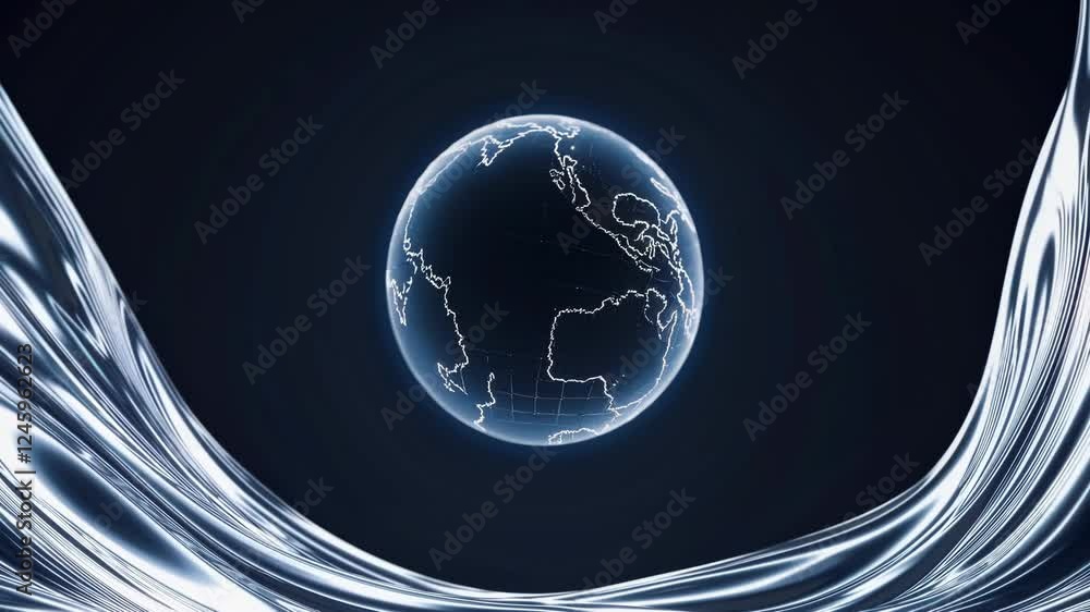 Poster a glowing orb floating above a futuristic landscape with flowing waves.