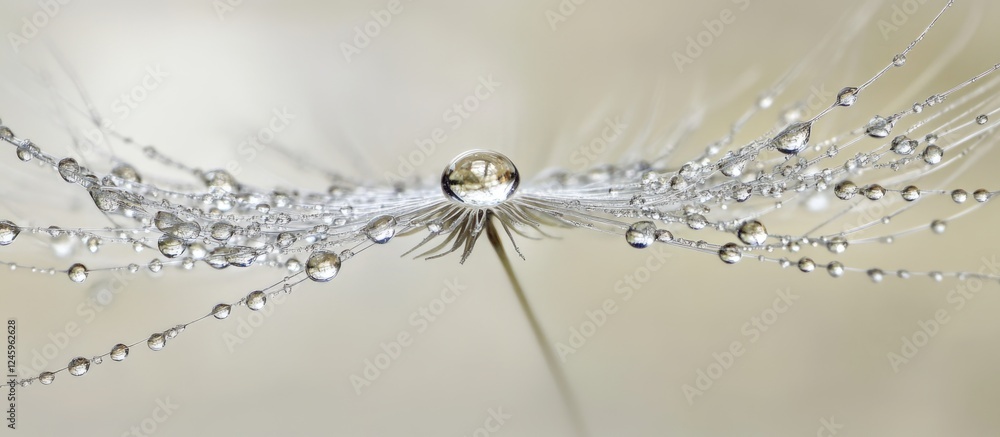 Aufkleber dandelion seeds adorned with dew drops reflect a silver hue creating a delicate and ethereal composi