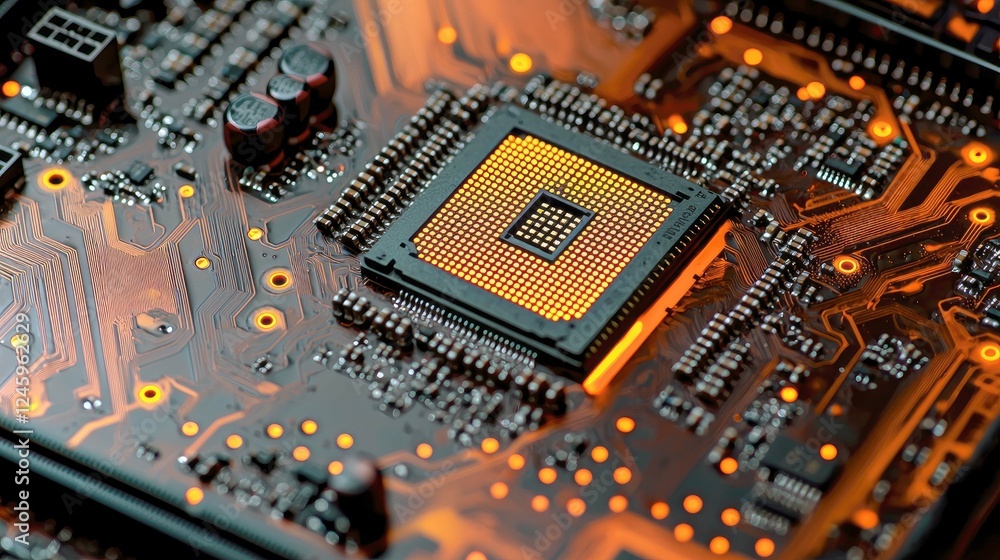 Poster close-up of a computer cpu: intricate circuitry and technological marvel