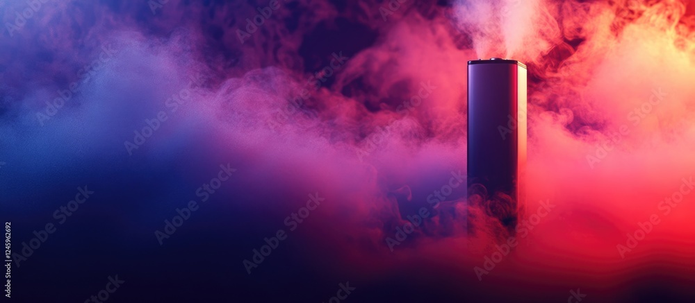 Poster Close up of a vaping device emitting colorful smoke with vibrant background and ample blank space for advertising or text placement