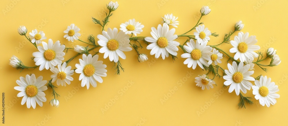 Fototapete charming arrangement of vibrant chamomile flowers on a cheerful yellow background with ample copy sp