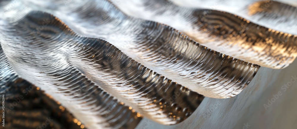 Aufkleber Detailed texture of a close-up view of a cut corrugated metal sheet showcasing its unique patterns and reflective surfaces.