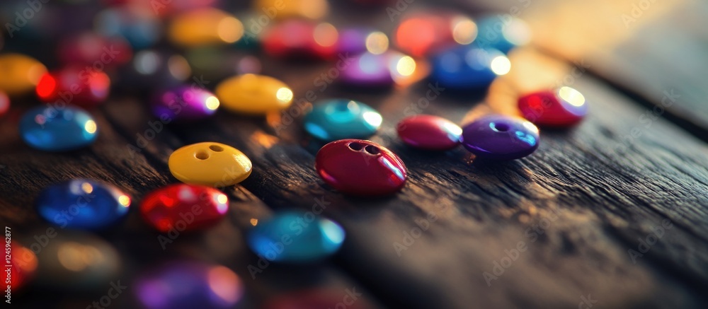 Poster assortment of vibrant multicolored buttons scattered on a rustic wooden surface with soft lighting f