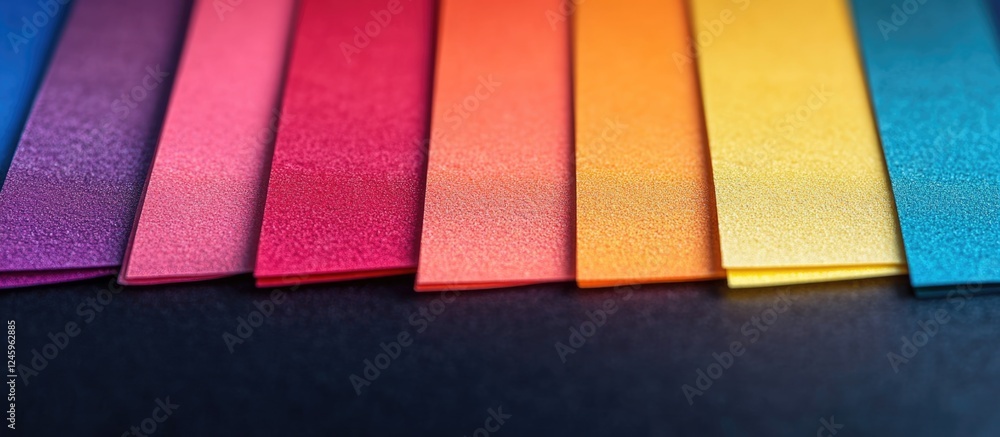 Poster Vibrant sticky notes in a row with a reflective surface providing ample blank space for customizable text and creative organization.