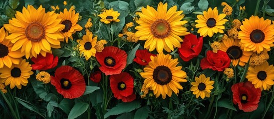 Naklejka premium Vibrant collage of yellow sunflowers and red poppies set against a lush green background capturing the essence of summer blooms.