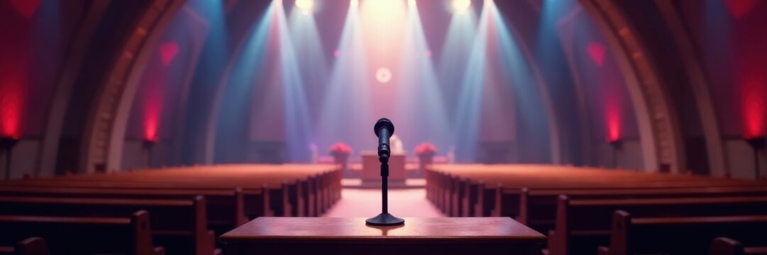 Vast empty church, view from pulpit, single microphone , background, architecture, prayer