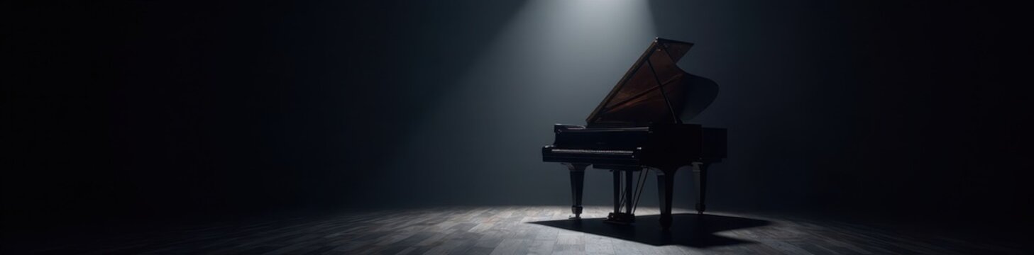 Spotlight illuminates black grand piano in dark room, focus, object, classical