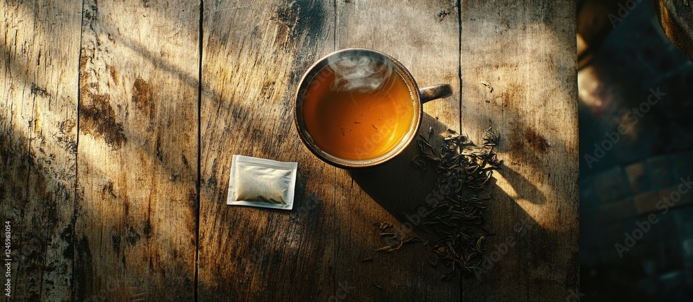 Poster tea cup on rustic wooden table with tea bag and leaves in warm sunlight creating a cozy atmosphere f