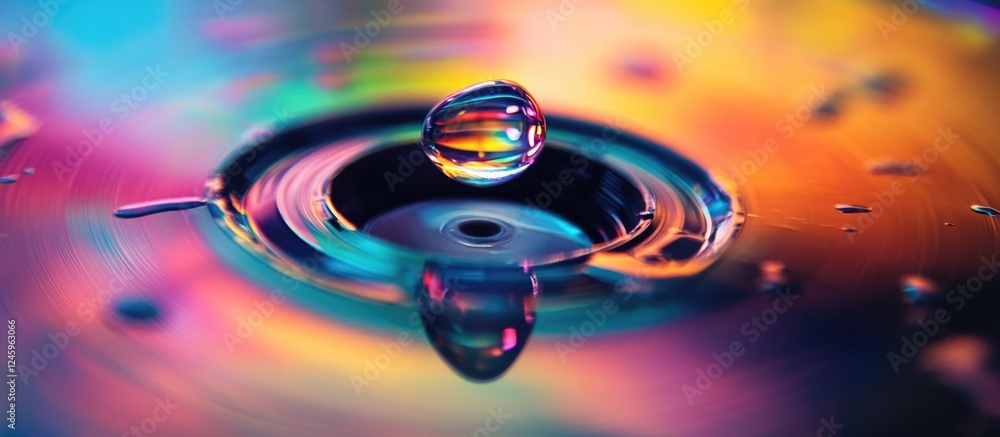 Aufkleber vibrant water droplet on reflective dvd surface creating a colorful abstract pattern