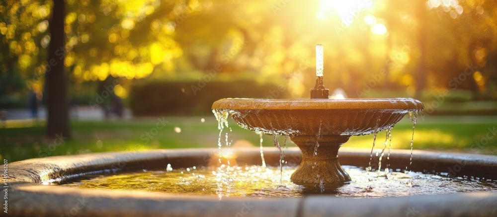 Poster drinking fountain in serene park with sunlight reflection creating a tranquil atmosphere and ample s